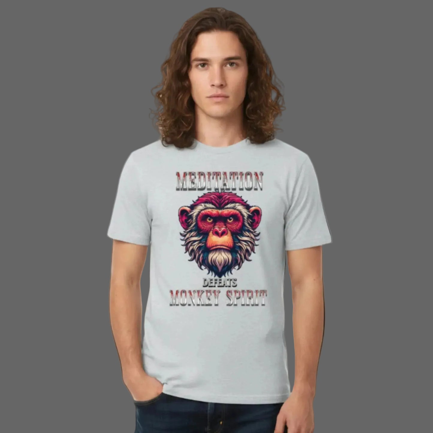 Toripros STILLE Kollektion – MEDITATION defeats MONKEY SPIRIT Premium T-Shirt in Heather Grey, modernes Streetwear-Design mit starkem Statement