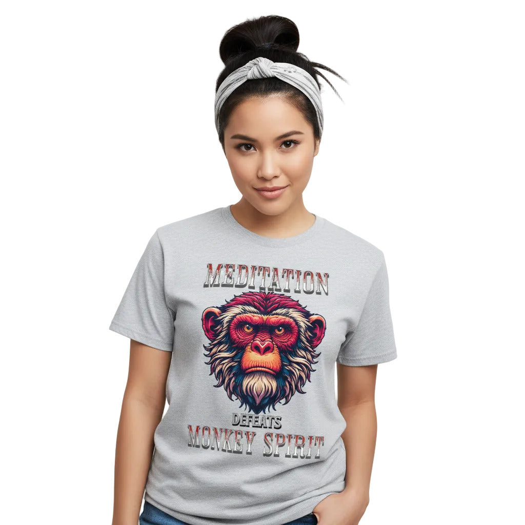 Toripros STILLE Kollektion – MEDITATION defeats MONKEY SPIRIT Premium T-Shirt in Heather Grey, modernes Streetwear-Design mit starkem Statement