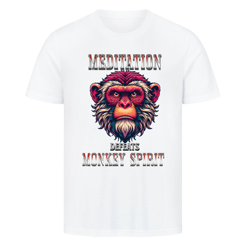 Toripros STILLE Kollektion – MEDITATION defeats MONKEY SPIRIT Premium T-Shirt in Weiß, modernes Streetwear-Design mit starkem Statement