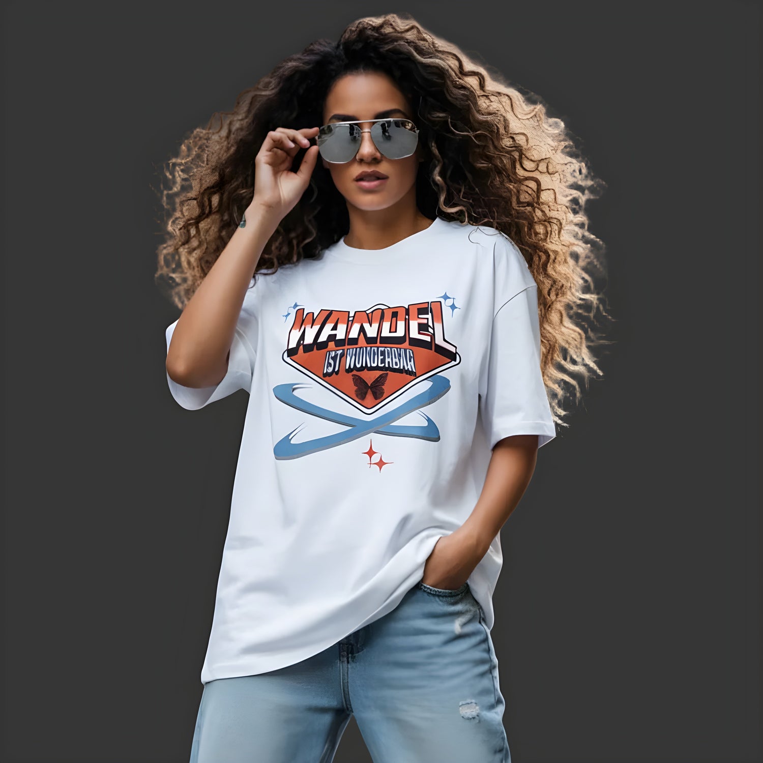 Streetwear Modell trägt WandelWunder Design aus der Wandel Kollektion von TORIPROS mit Message für Veränderung und Wachstum