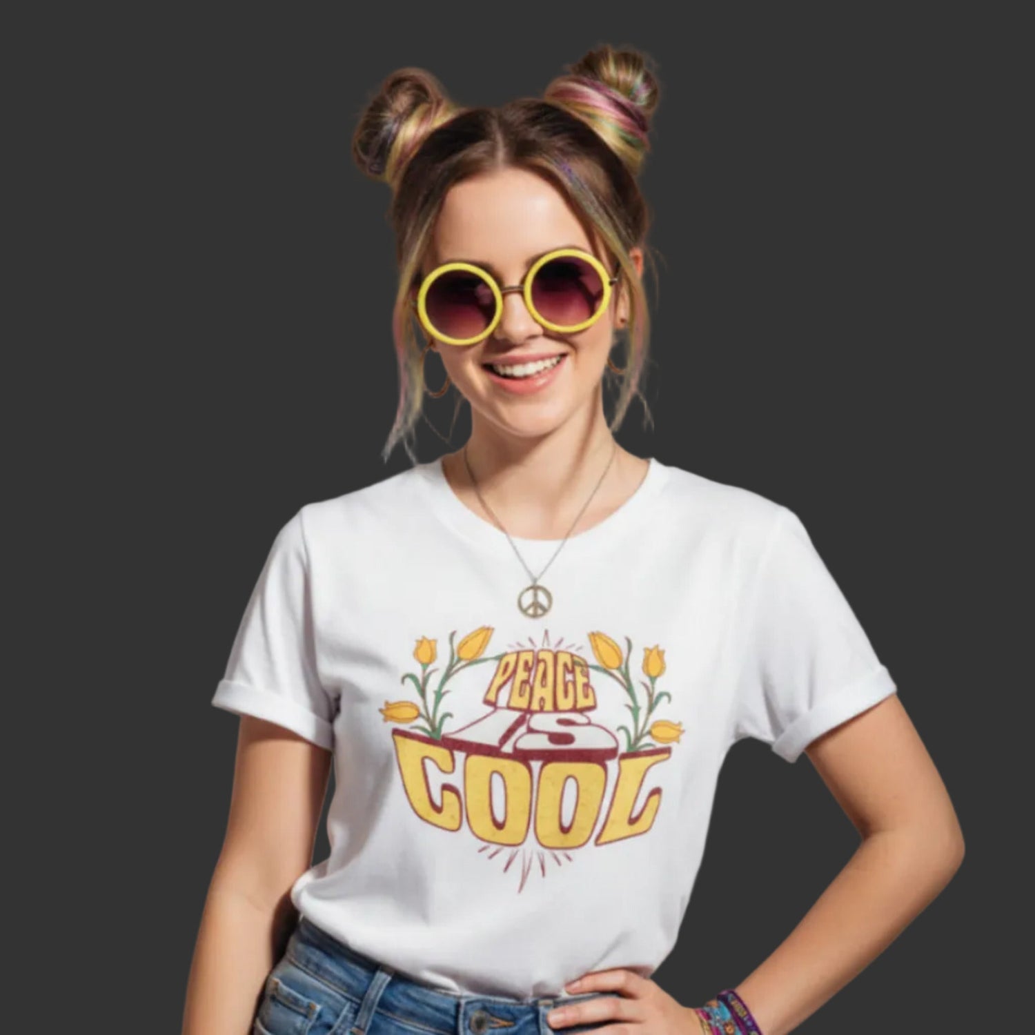 Streetwear Modell trägt PEACE is COOL Design von TORIPROS mit Friedens-Message