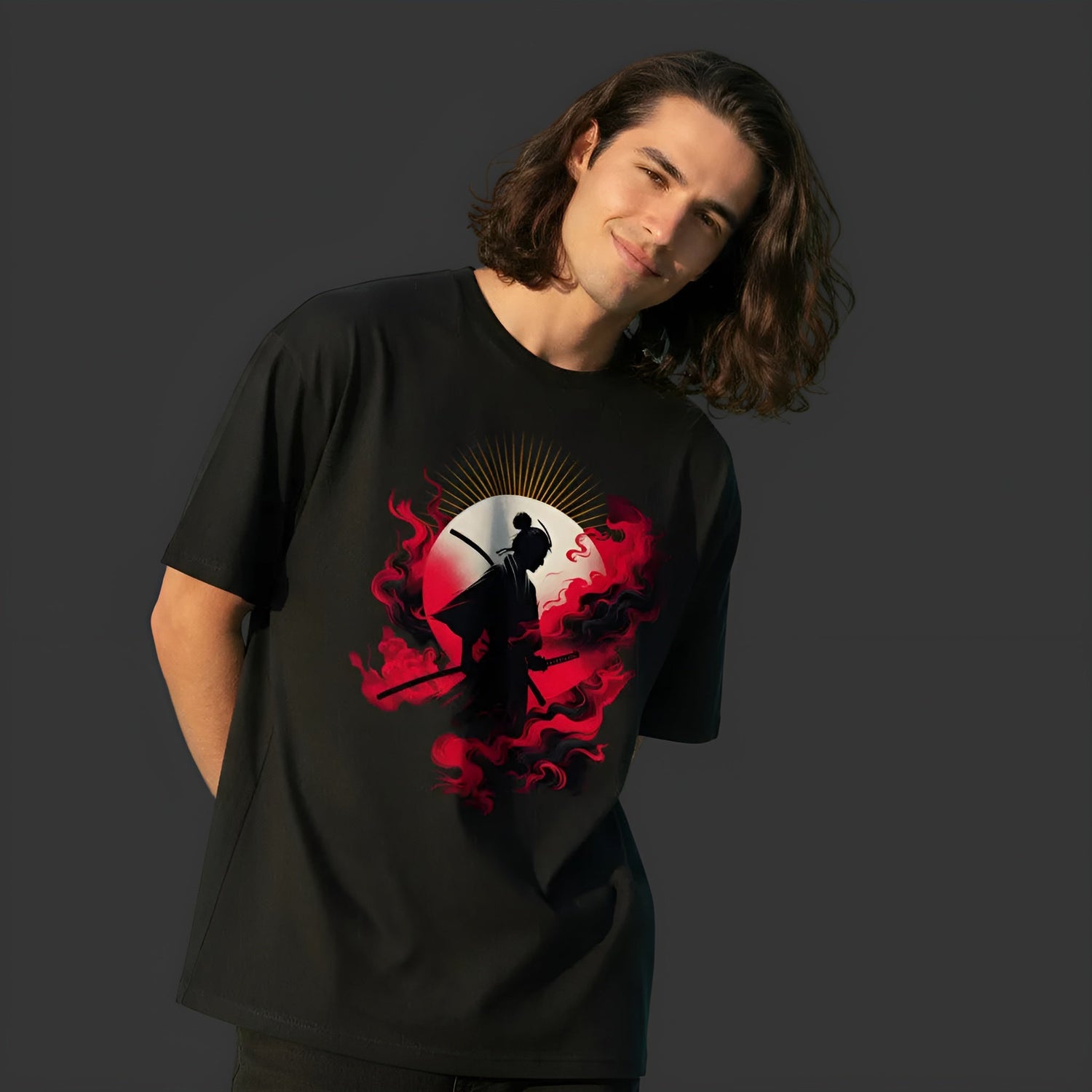 SAMURAI Streetwear von TORIPROS mit mystisch inspiriertem japanischem Samurai-Design mit Schwert, roten Wolken und Sonne