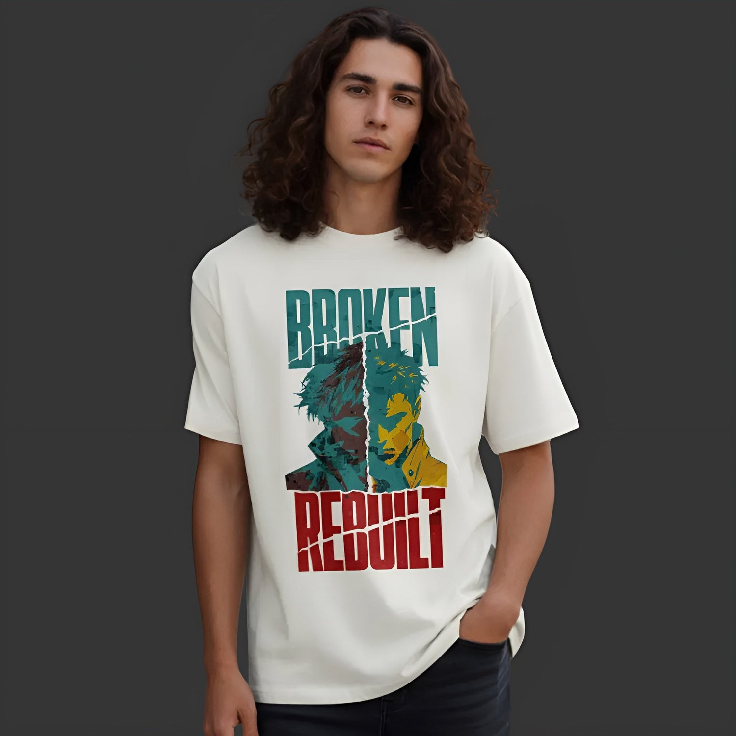 Toripros Wandel Kollektion – BROKEN REBUILT Oversized Shirt in Natural Raw, modernes Streetwear-Design mit starkem Statement