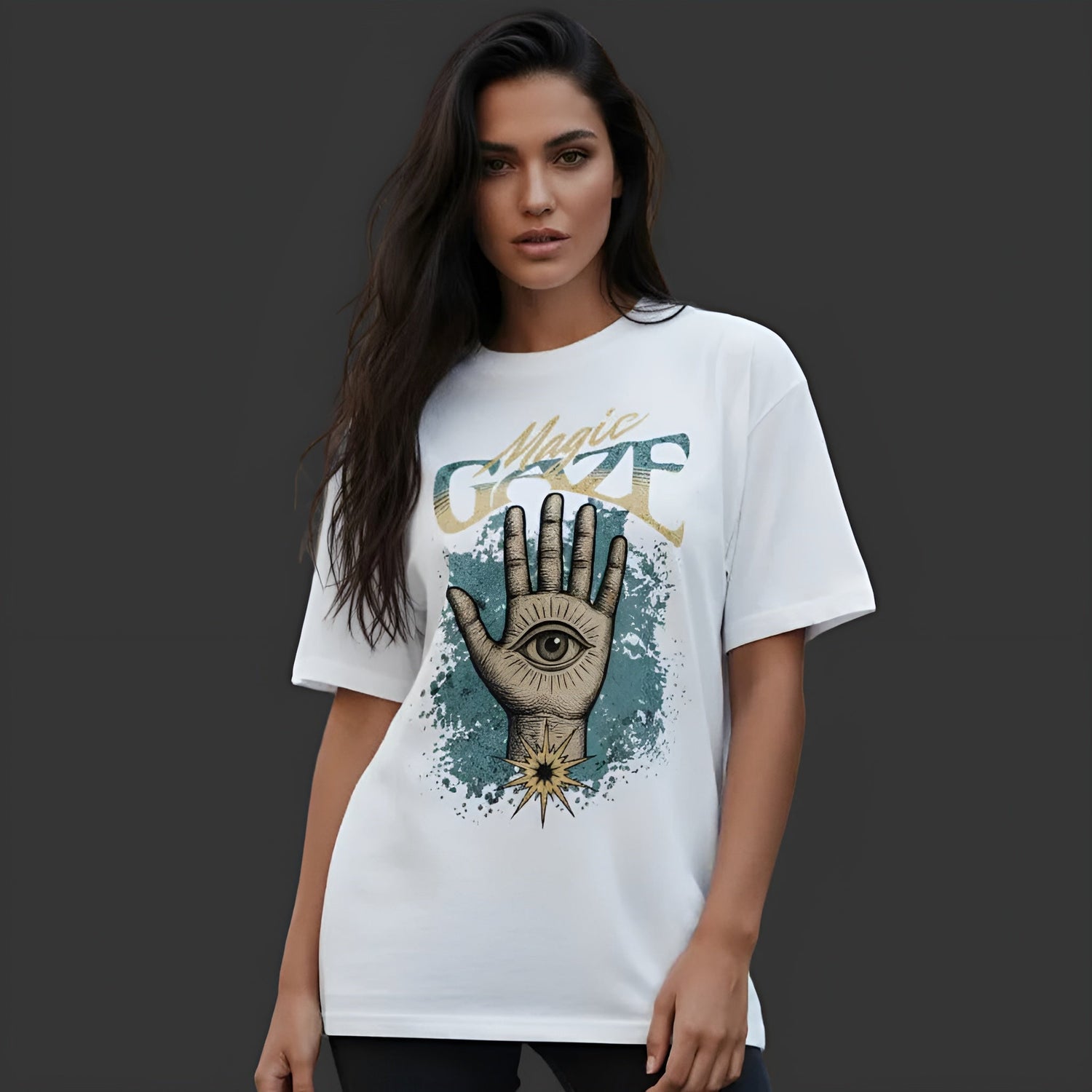 Toripros MYSTICA Kollektion – Magic Gaze Oversized Shirt in Weiß, modernes Streetwear-Design mit mystischem Statement