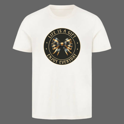  HigherBlanks Premium T-Shirt in Natural Raw mit „LIFE IS A GIFT“-TORIPROS