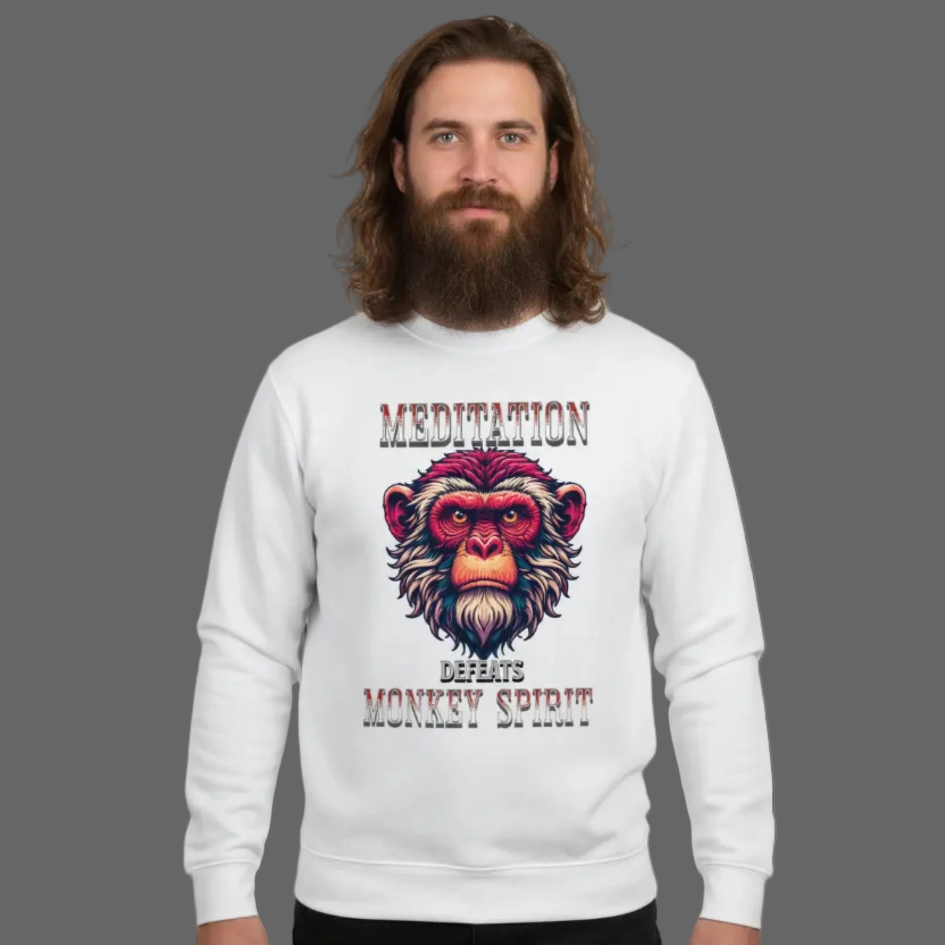  Classic Sweatshirt in Weiß mit „MEDITATION defeats MONKEY SPIRIT“-TORIPROS