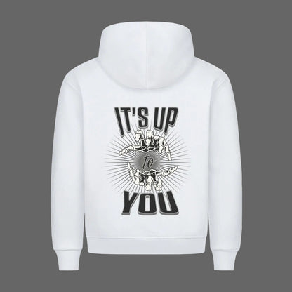 HigherBlanks Premium Hoodie in weiß mit „IT'S UP TO YOU“-TORIPROS