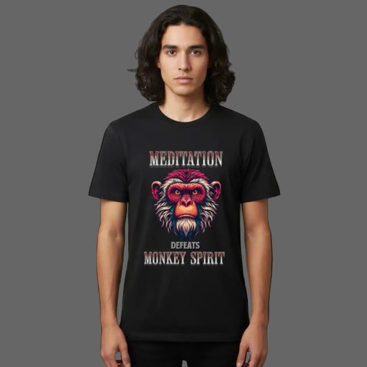 HigherBlanks Premium T-Shirt in schwarz mit „MEDITATION defeats MONKEY SPIRIT“-TORIPROS