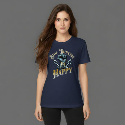 HigherBlanks Premium T-Shirt in French Navy mit „STOP THINKING BE HAPPY“-TORIPROS