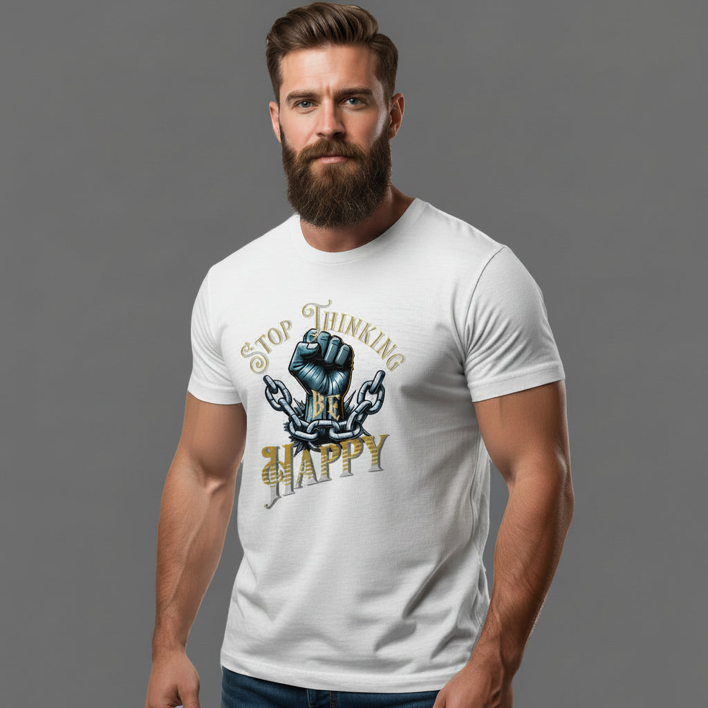 HigherBlanks Premium T-Shirt in Natural Raw mit „STOP THINKING BE HAPPY“-TORIPROS