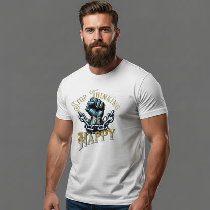 HigherBlanks Premium T-Shirt in Natural Raw mit „STOP THINKING BE HAPPY“-TORIPROS