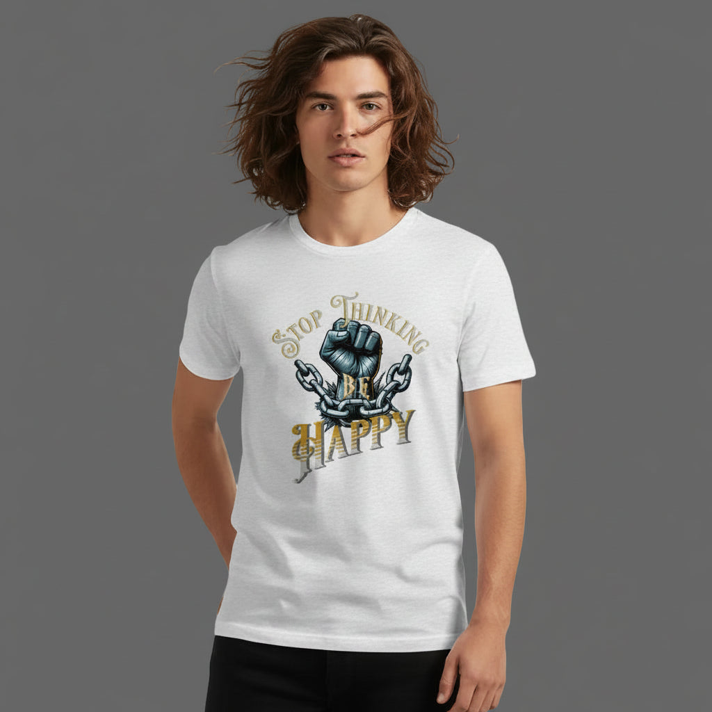 HigherBlanks Premium T-Shirt in Weiß mit „STOP THINKING BE HAPPY“-TORIPROS