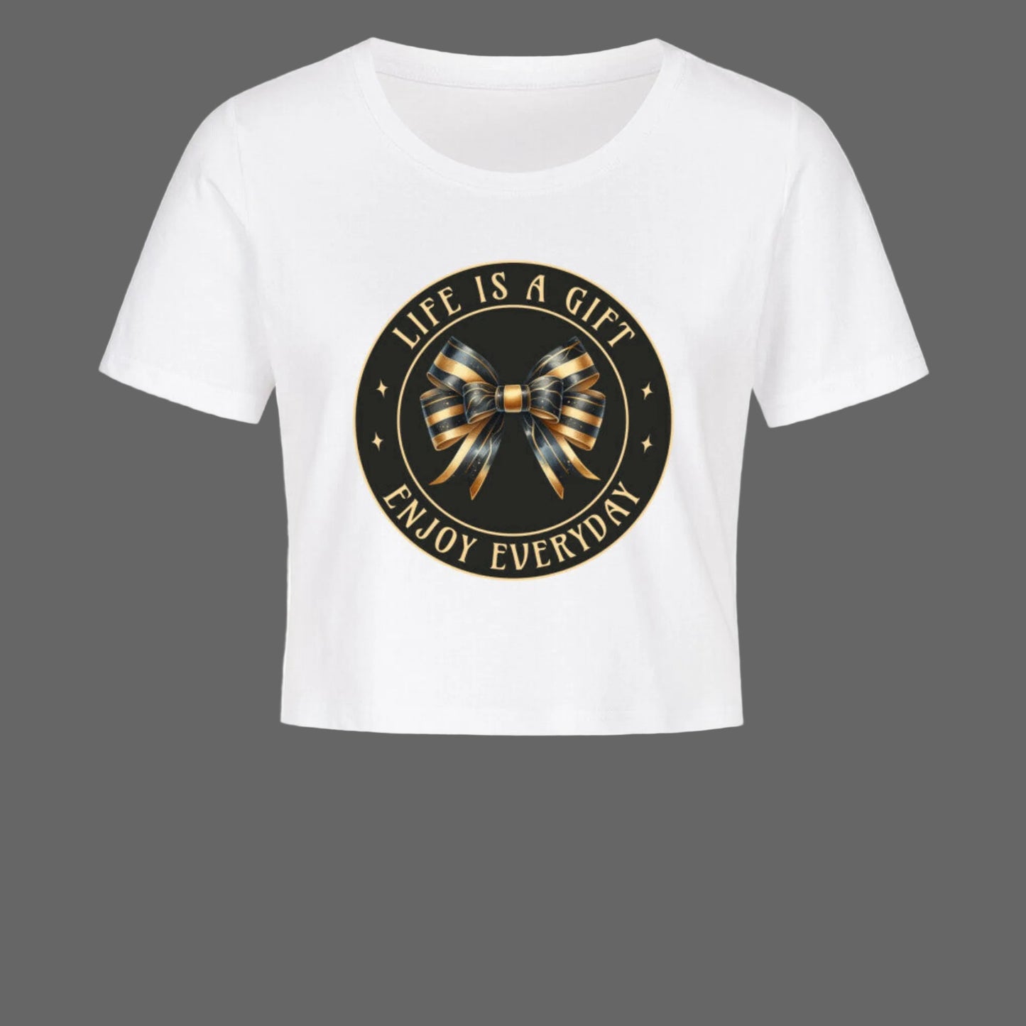 Ladies Cropped Tee in Weiß mit „LIFE IS A GIFT"-TORIPROS
