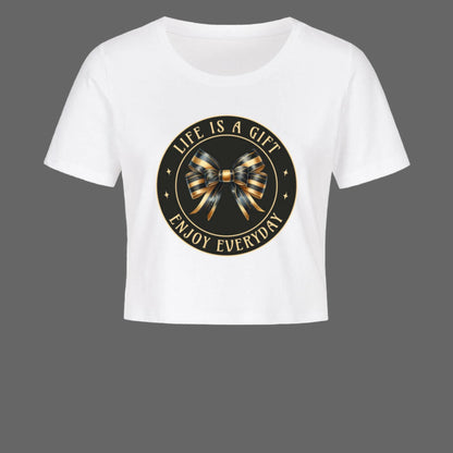 Ladies Cropped Tee in Weiß mit „LIFE IS A GIFT"-TORIPROS