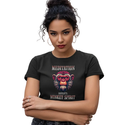  Ladies Cropped Tee in schwarz mit „MEDITATION defeats MONKEY SPIRIT“-TORIPROS