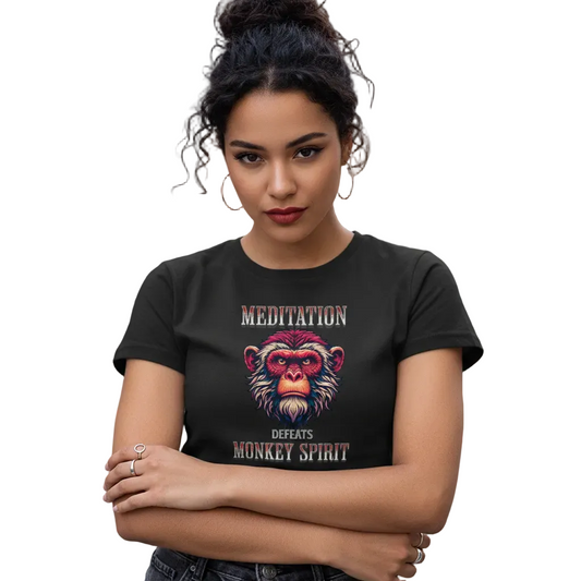  Ladies Cropped Tee in schwarz mit „MEDITATION defeats MONKEY SPIRIT“-TORIPROS