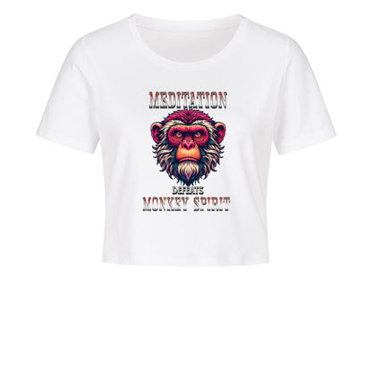  Ladies Cropped Tee in weiss mit „MEDITATION defeats MONKEY SPIRIT“-TORIPROS