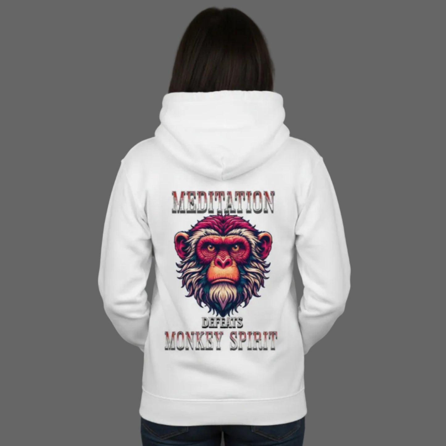 Premium Hoodie in Weiß mit „MEDITATION defeats MONKEY SPIRIT“-TORIPROS