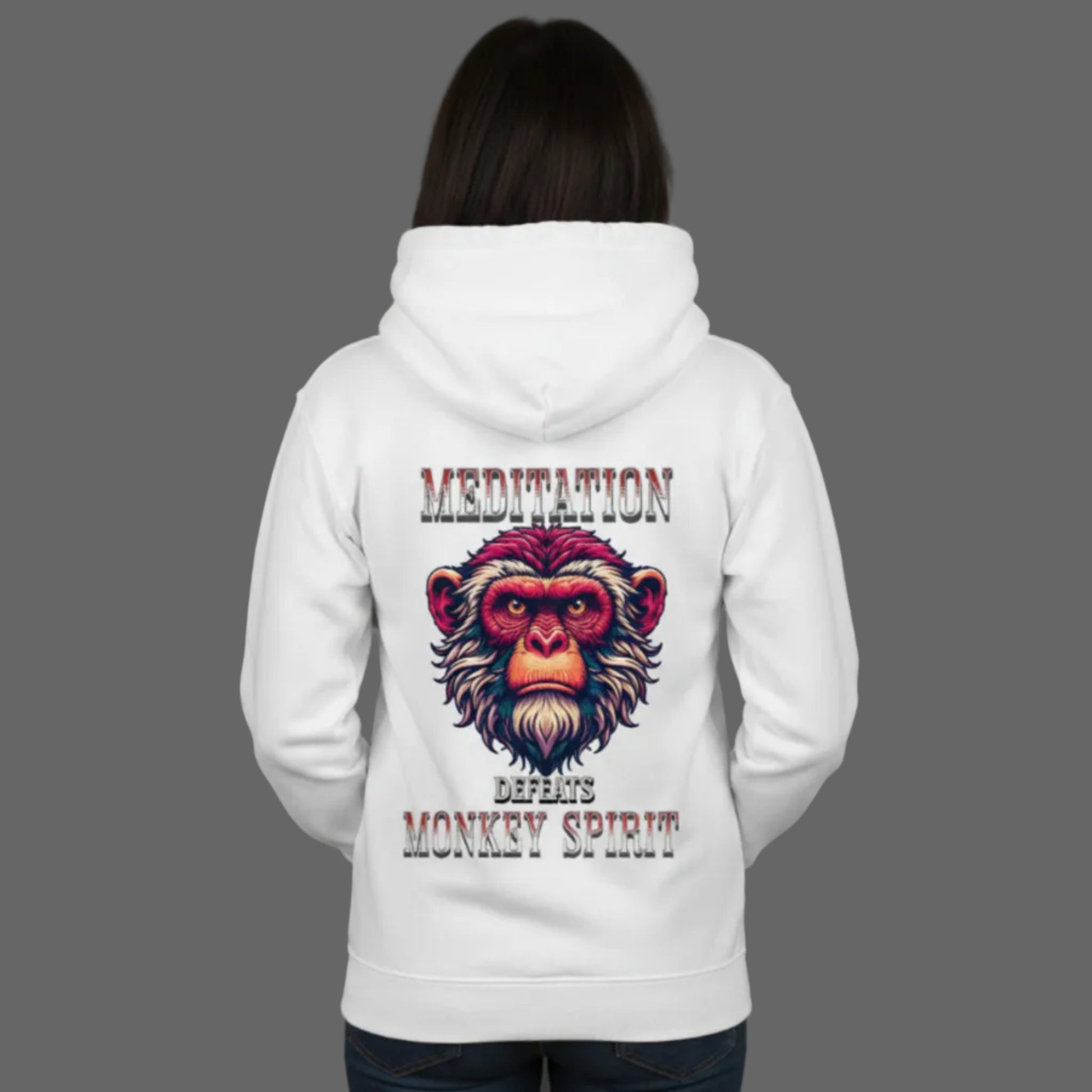 Premium Hoodie in Weiß mit „MEDITATION defeats MONKEY SPIRIT“-TORIPROS