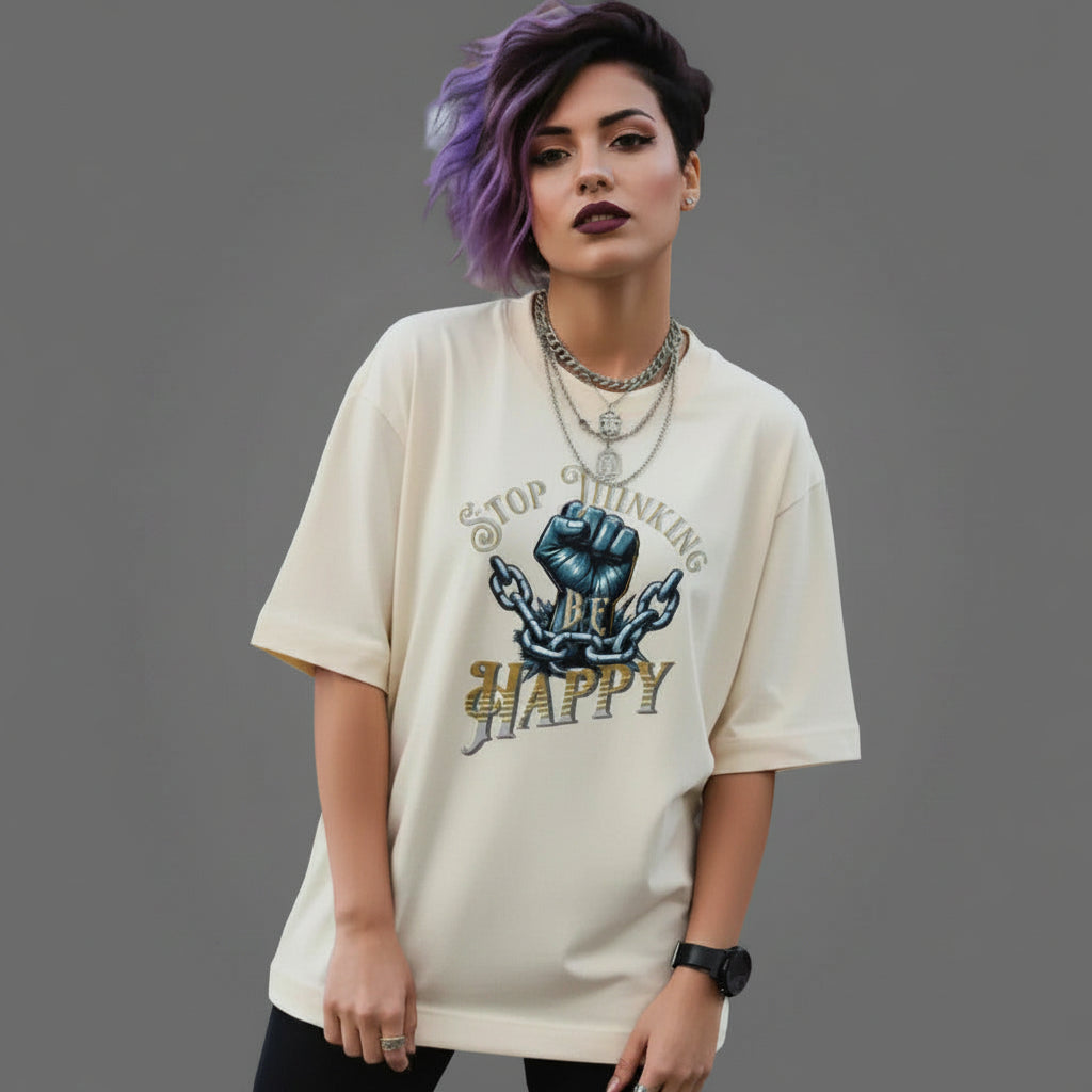  Premium Organic Oversize Blast in Beige mit „STOP THINKING BE HAPPY“-TORIPROS