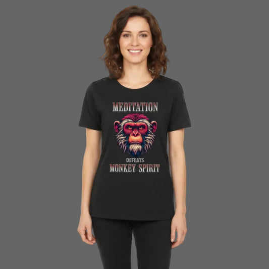 Premium Organic Shirt Women in schwarz mit „MEDITATION defeats MONKEY SPIRIT“-TORIPROS