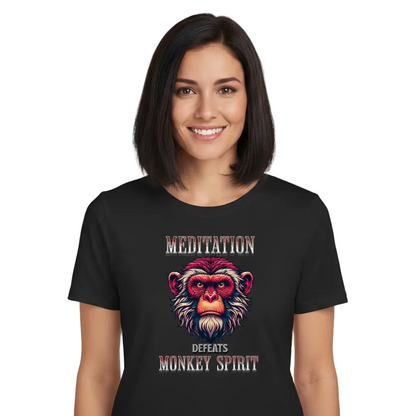 Premium Organic Shirt Women in schwarz mit „MEDITATION defeats MONKEY SPIRIT“-TORIPROS