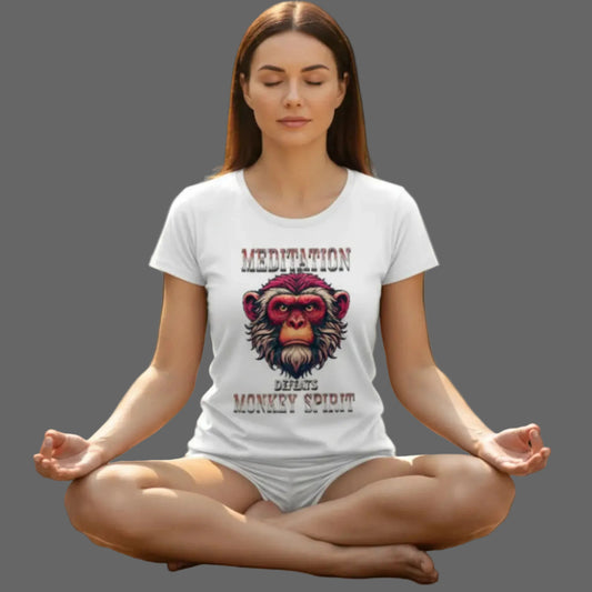 Premium Organic Shirt Women in weiß mit „MEDITATION defeats MONKEY SPIRIT“-TORIPROS