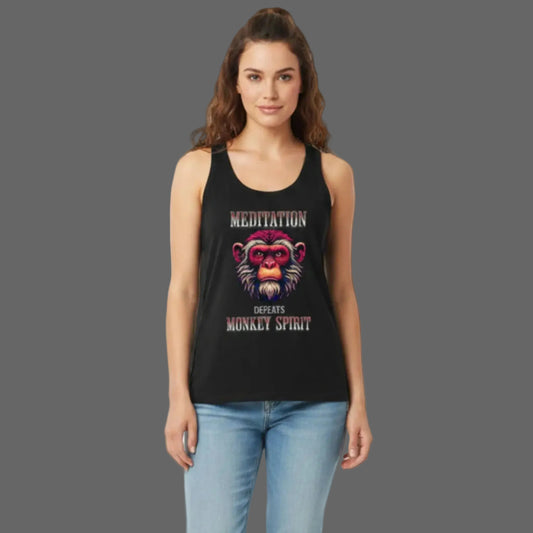 Premium Organic Tanktop Women in Schwarz mit „MEDITATION defeats MONKEY SPIRIT“-TORIPROS