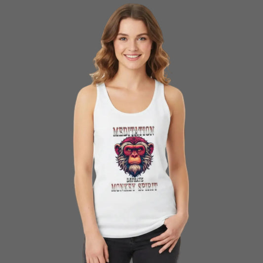 Premium Organic Tanktop Women in Weiß mit „MEDITATION defeats MONKEY SPIRIT“-TORIPROS