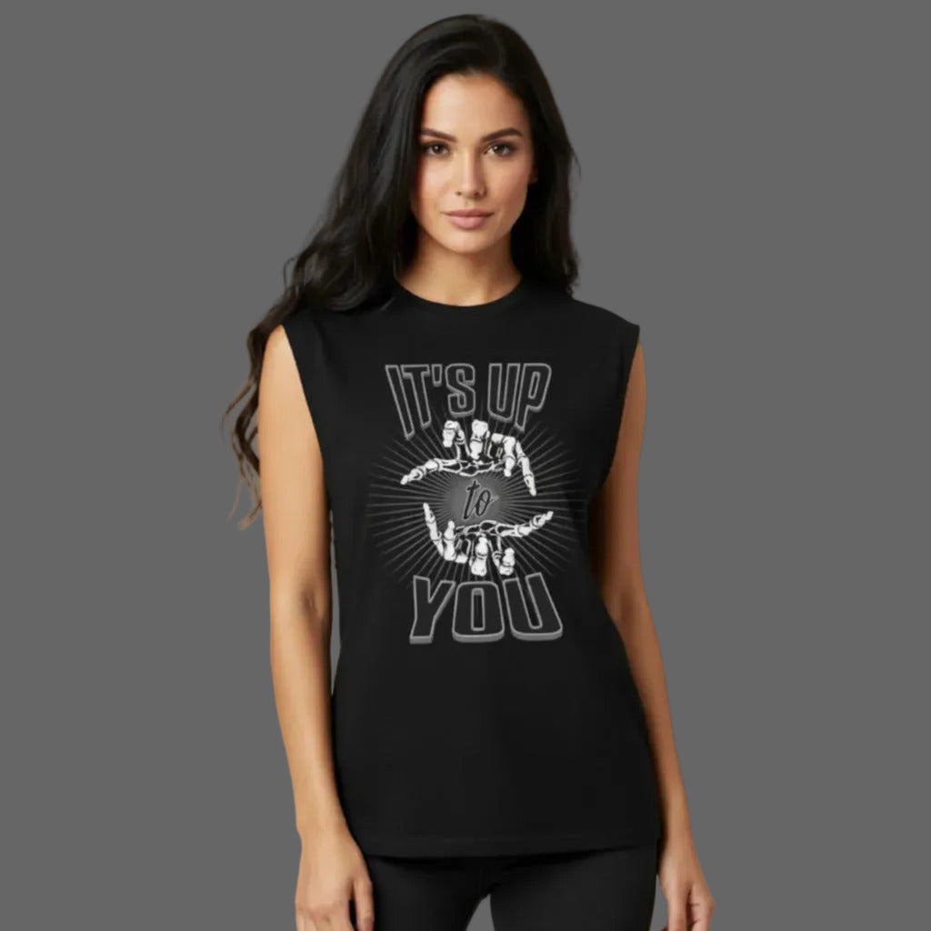 Sleeveless Oversized Tee in Schwarz mit „IT'S UP TO YOU“-TORIPROS