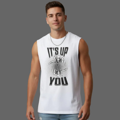 Sleeveless Oversized Tee in Weiß mit „IT'S UP TO YOU“-TORIPROS