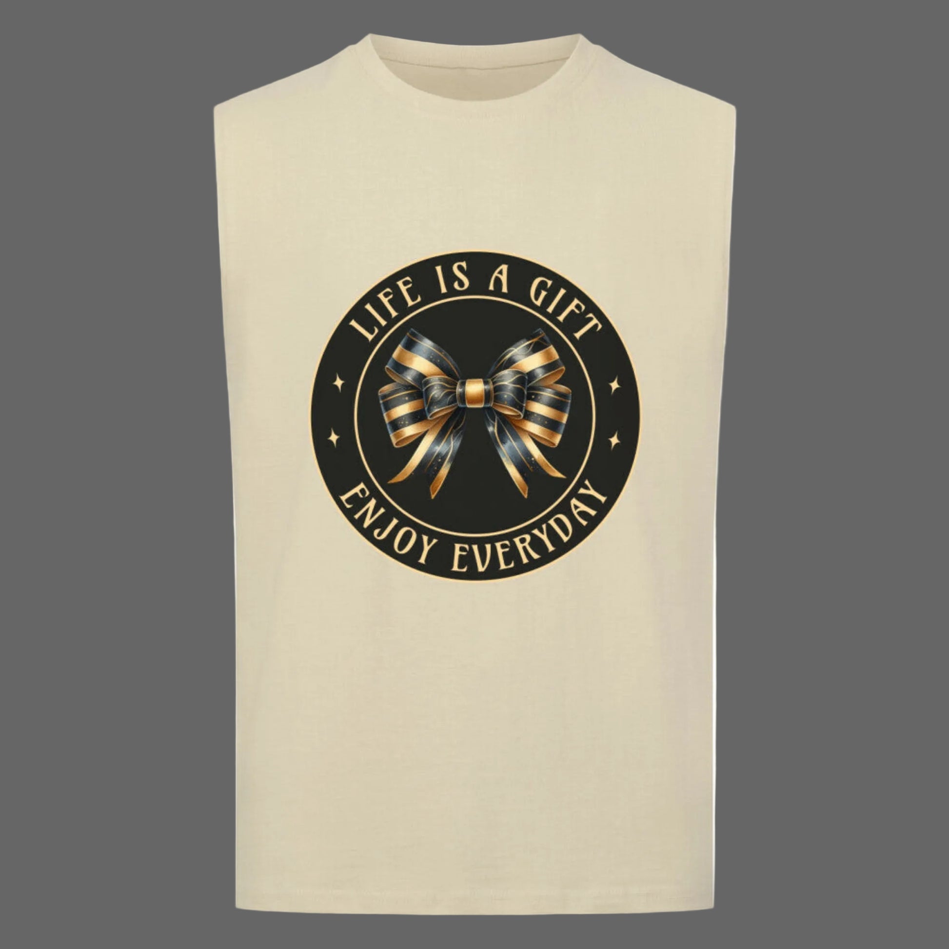 Sleeveless Oversized Tee in Sand mit „LIFE IS A GIFT“-TORIPROS