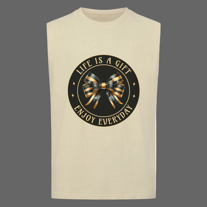 Sleeveless Oversized Tee in Sand mit „LIFE IS A GIFT“-TORIPROS