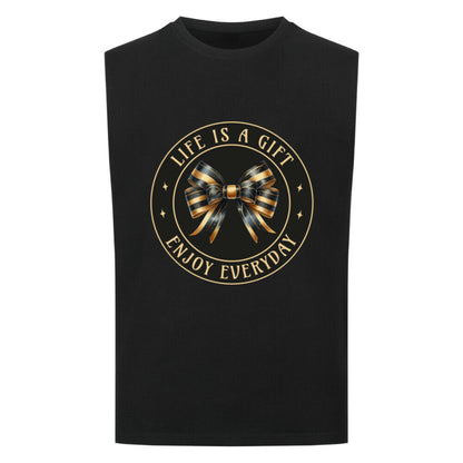 ImagSleeveless Oversized Tee in Schwarz mit „LIFE IS A GIFT“-TORIPROSe for color: schwarz
