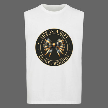 Sleeveless Oversized Tee in Weiß mit „LIFE IS A GIFT“-TORIPROS