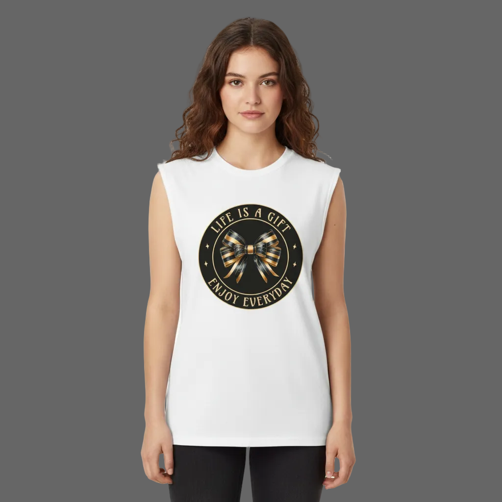  Sleeveless Oversized Tee in Weiß mit „LIFE IS A GIFT“-TORIPROS