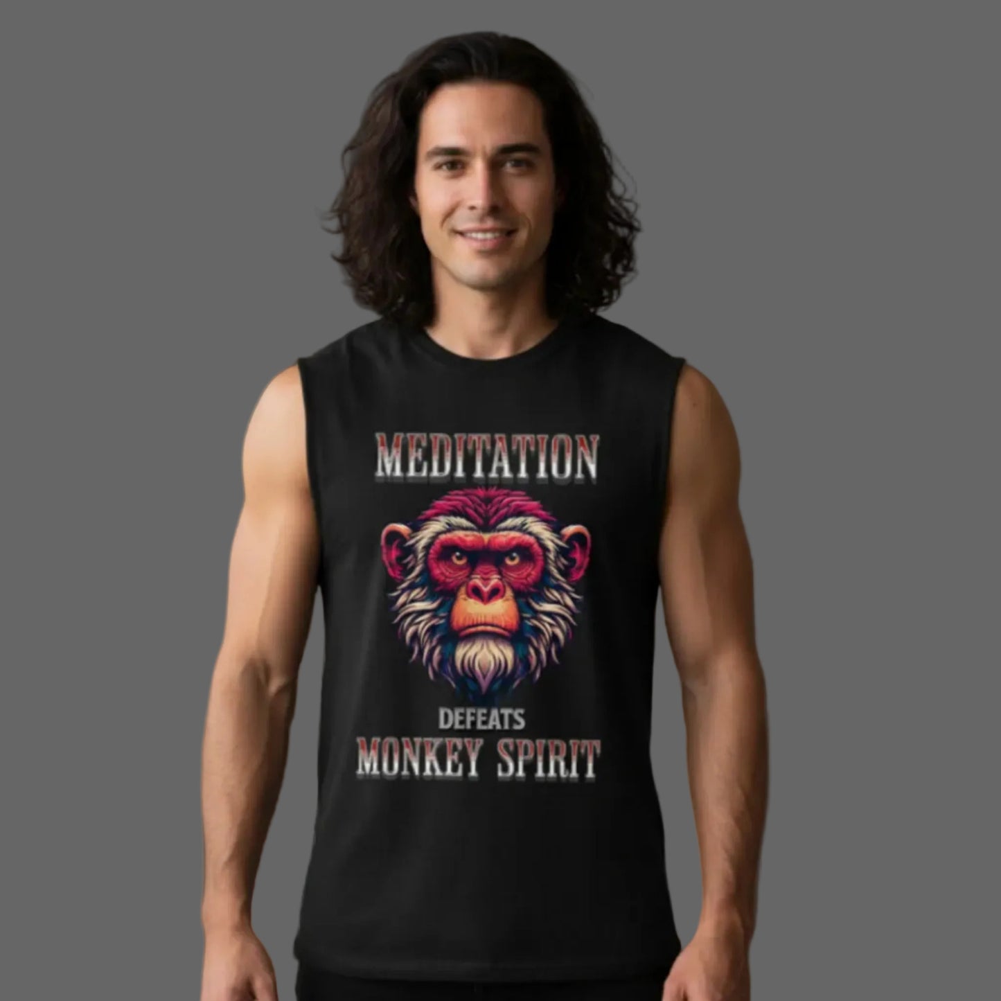  Sleeveless Oversized Tee in schwarz mit „Meditation defeats MONKEY SPIRIT“-TORIPROS