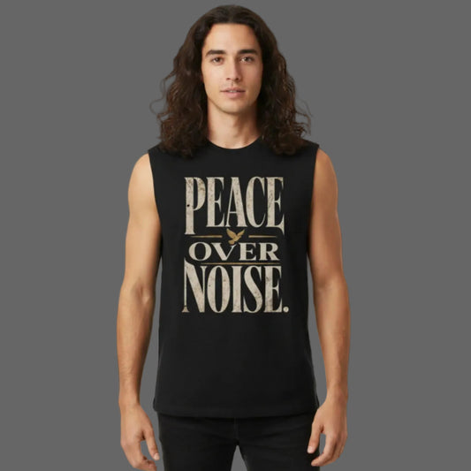 Sleeveless Oversized Tee in schwarz mit „PEACE OVER NOISE“-TORIPROS