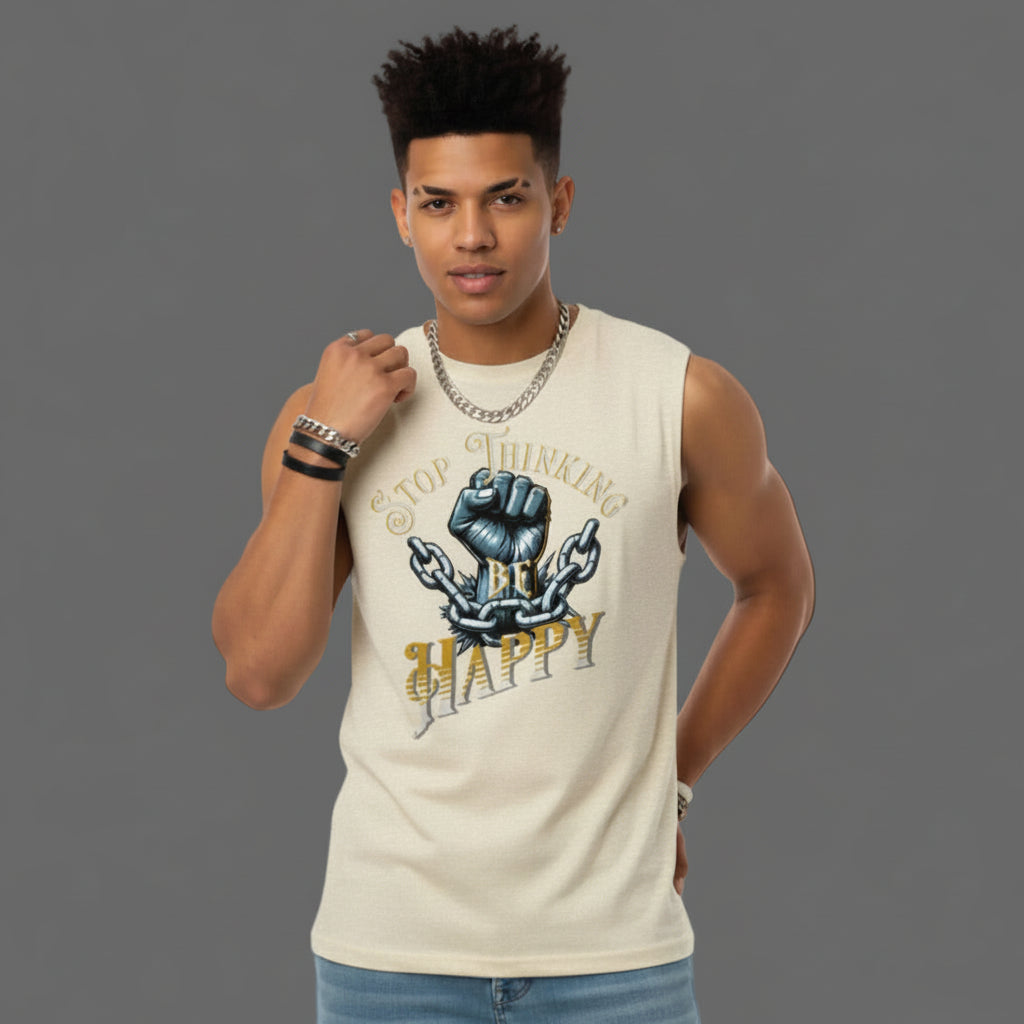 Sleeveless Oversized Tee in Sand mit „STOP THINKING BE HAPPY“-TORIPROS