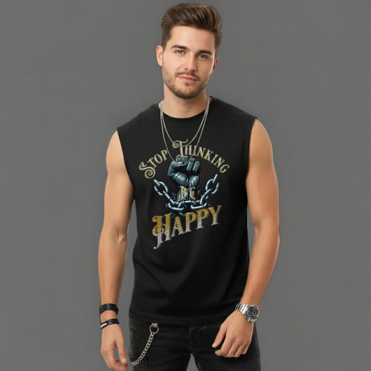  Sleeveless Oversized Tee in Schwarz mit „STOP THINKING BE HAPPY“-TORIPROS