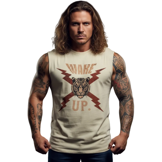 Sleeveless Oversized Tee in Sand mit „WAKE UP."-TORIPROS
