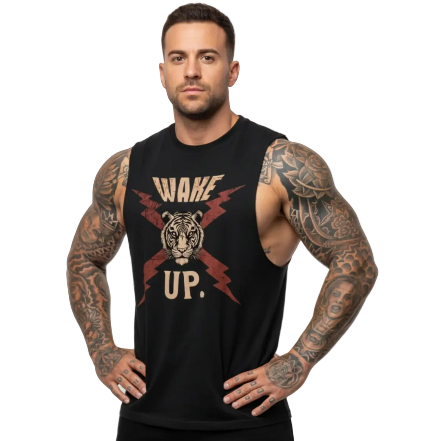 Sleeveless Oversized Tee in Schwarz mit „WAKE UP."-TORIPROS