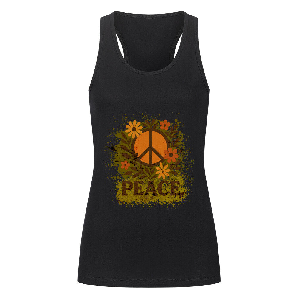 Damen Tanktop aus der Toripros PEACE Kollektion – Flowers PEACE Design in Schwarz, modernes Statement-Piece mit floraler Friedensbotschaft