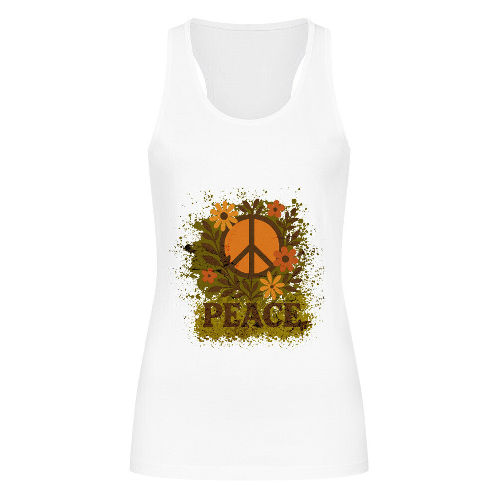 Damen Tanktop aus der Toripros PEACE Kollektion – Flowers PEACE Design in Weiß, nachhaltiges Statement-Piece mit floraler Friedensbotschaft