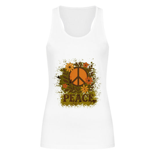 Damen Tanktop aus der Toripros PEACE Kollektion – Flowers PEACE Design in Weiß, nachhaltiges Statement-Piece mit floraler Friedensbotschaft