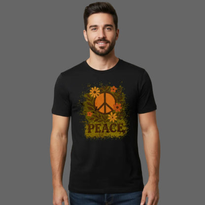 Premium T-Shirt aus der Toripros PEACE Kollektion – Flowers PEACE Design in Schwarz, modernes Statement-Piece mit floraler Friedensbotschaft