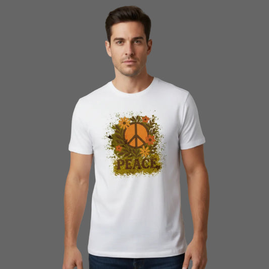 Premium T-Shirt aus der Toripros PEACE Kollektion – Flowers PEACE Design in Weiß, nachhaltiges Statement-Piece mit floraler Friedensbotschaft