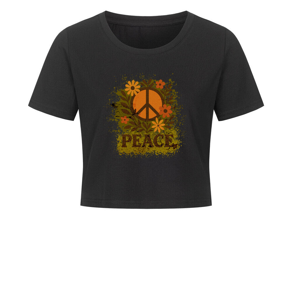 Cropped Damen T-Shirt aus der Toripros PEACE Kollektion – Flowers PEACE Design in Schwarz, modernes Statement-Piece mit floraler Friedensbotschaft