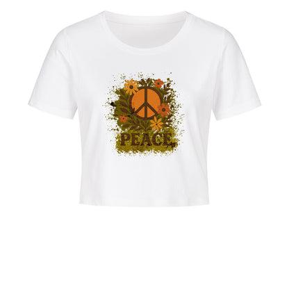 Cropped Damen T-Shirt aus der Toripros PEACE Kollektion – Flowers PEACE Design in Weiß, nachhaltiges Statement-Piece mit floraler Friedensbotschaft