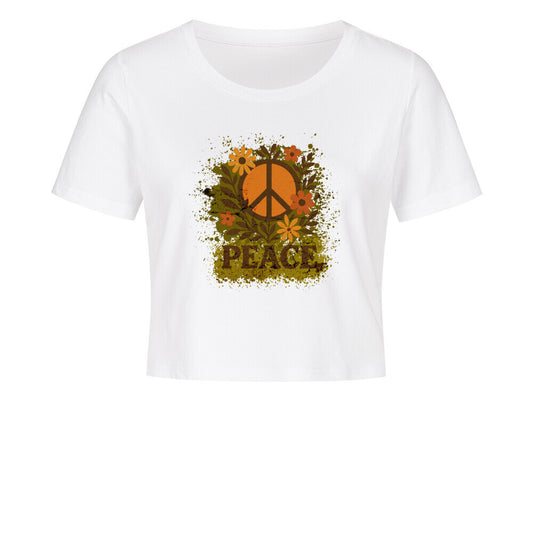 Cropped Damen T-Shirt aus der Toripros PEACE Kollektion – Flowers PEACE Design in Weiß, nachhaltiges Statement-Piece mit floraler Friedensbotschaft